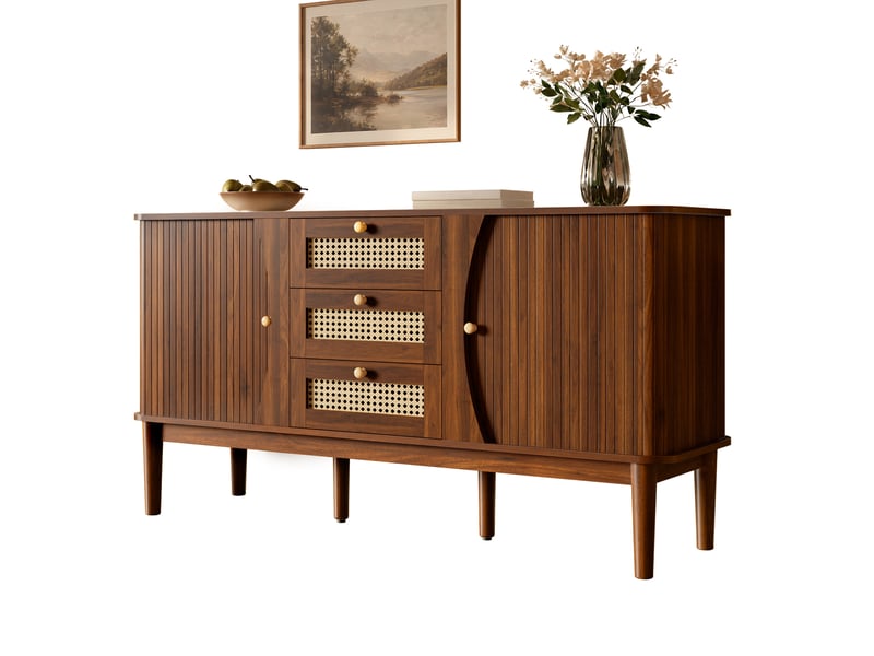 Buffet de rangement 141x40x77 cm, façades en rotin, portes coulissantes, 3 tiroirs, grand rangement pour salon et séjour - noyer GL1745D-1 - Conforama A