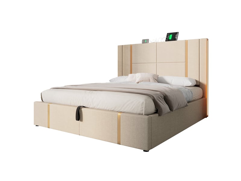  Lit coffre double 180x200 cm avec led rgb, usb-c, sommier à lattes beige  - Conforama A