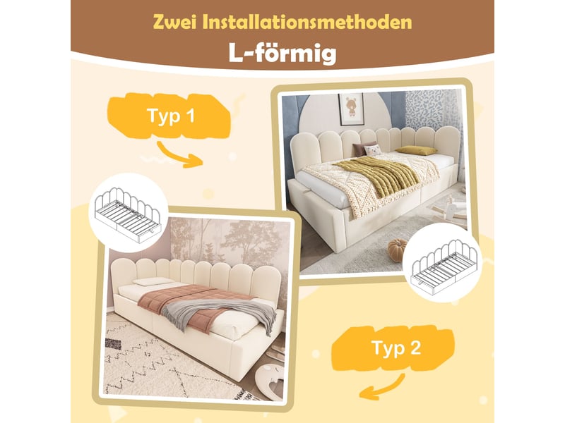  Lit banquette 90x200 cm rembourré, rangement hydraulique, dossier et structure en l, velours beige  - Conforama E