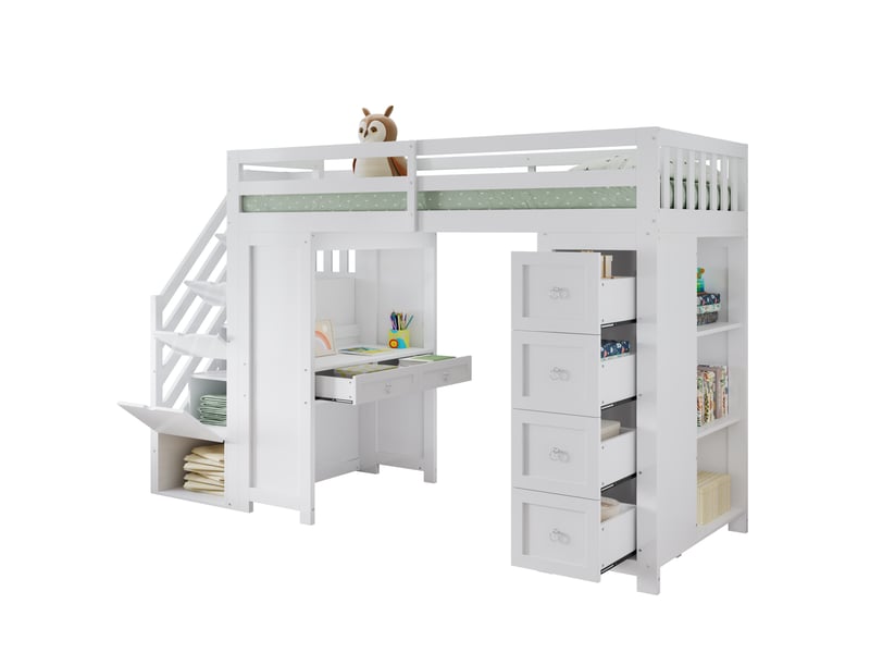  Lit mezzanine multifonctionnel pour enfants avec espace de rangement et coin lecture, lit superposé, table intégrée, tiroirs, étagères latérales, pin + mdf + panneaux de particules, blanc, 90 x 200 cm  - Conforama A