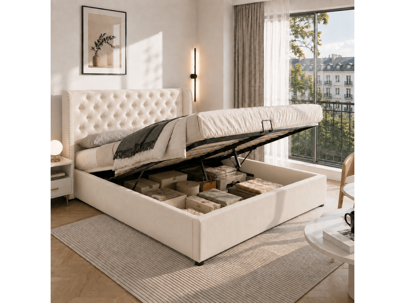  Lit coffre rembourré 140 x 190 cm en velours beige, tête de lit à oreilles capitonnée, sommier à lattes 3068012AAC - Conforama B