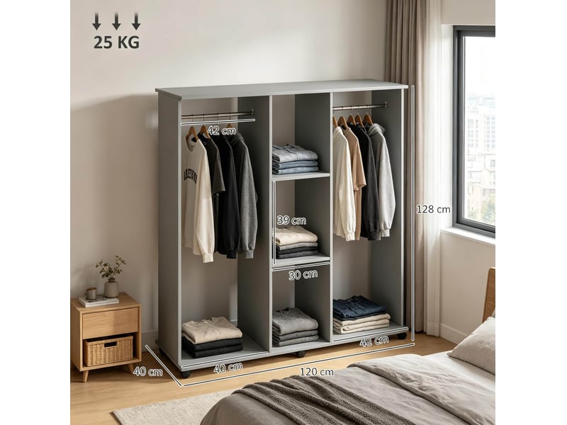  Portant à vêtements ouvert mobile 120 x 40 x 128 cm avec rangements, gris  - Conforama C