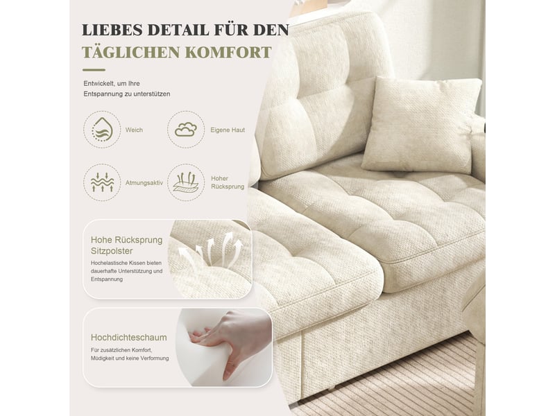  Canapé d'angle 3 places 194,5 x 133 x 83 cm, pouf coffre mobile, 2 tiroirs, ports usb-c, porte-gobelets, éclairage led, chenille, beige Morn Vibe - Conforama D