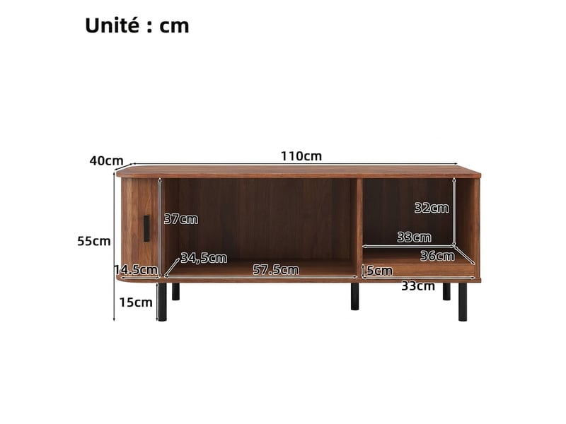  Table basse noyer 110cm avec porte coulissante et rangement ouvert, design à lattes  - Conforama D