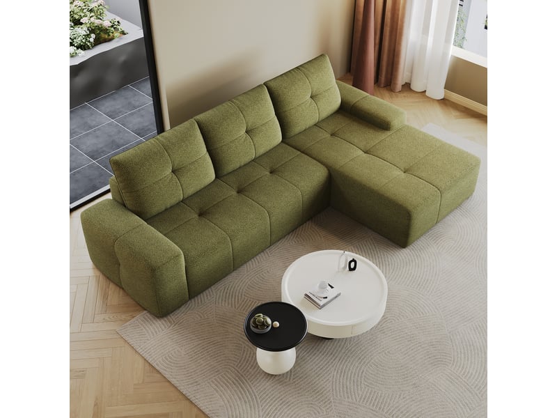  Canapé d'angle 262 cm en l avec méridienne à droite, canapé nuage en mousse compressée sous vide, design confortable pour salon, vert olive Seren Glow - Conforama E