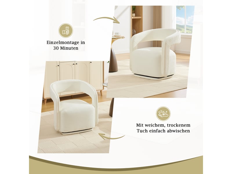  Fauteuil pivotant 360°,70x65,5x74 cm,style contemporain,chenille,blanc  - Conforama D