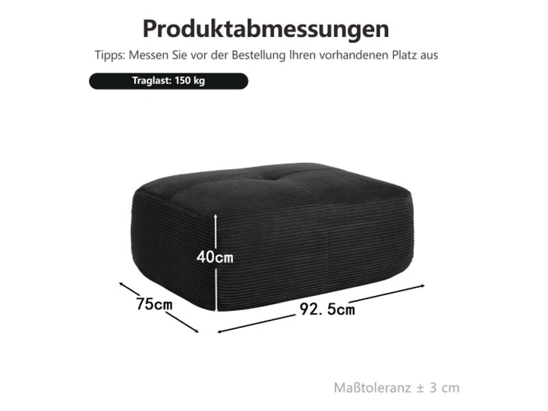 Ottoman en velours côtelé - noir - velours côtelé - 9.05 kg - design modulaire - accoudoirs courbés 92.5x75x40cm - Conforama A