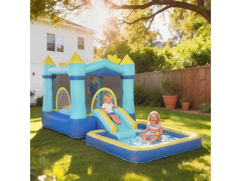  Château gonflable pour enfants avec souffleur, toboggan, trampoline, piscine et panier de basket pour les enfants de 3 à 8 ans, bleu  - Conforama C