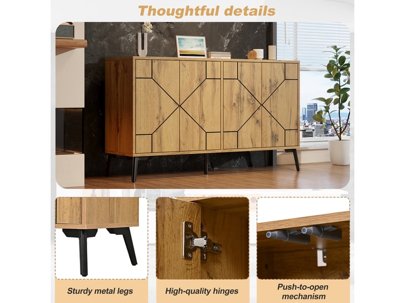  Buffet 4 portes à ouverture par pression avec rangement pour salon en mdf 120×35×69 cm décor chêne  - Conforama C