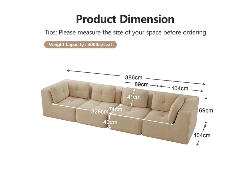 Canapé d'angle modulaire 4 places avec assise profonde, larges accoudoirs et base antidérapante en velours côtelé beige - Conforama E