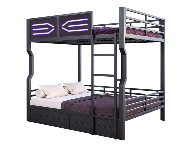  Lit superposé 140x200 cm noir en métal avec led, échelle droite et garde-corps haut pour adolescents, sans matelas  - Conforama A