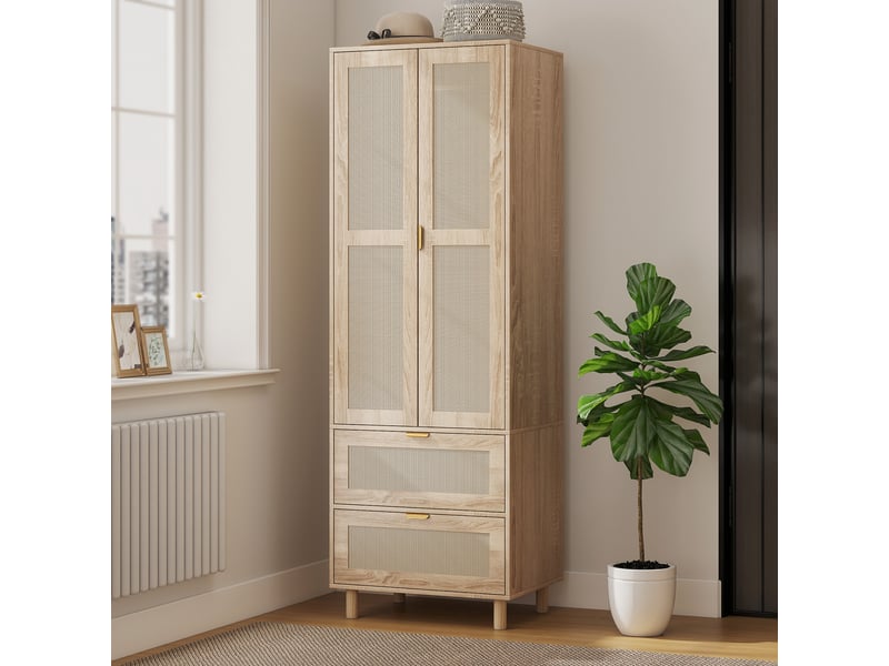  Armoire chambre penderie avec 2 portes en rotin, 2 tiroirs et barre de suspension, 63 x 47 x 185 cm, bois naturel  - Conforama C