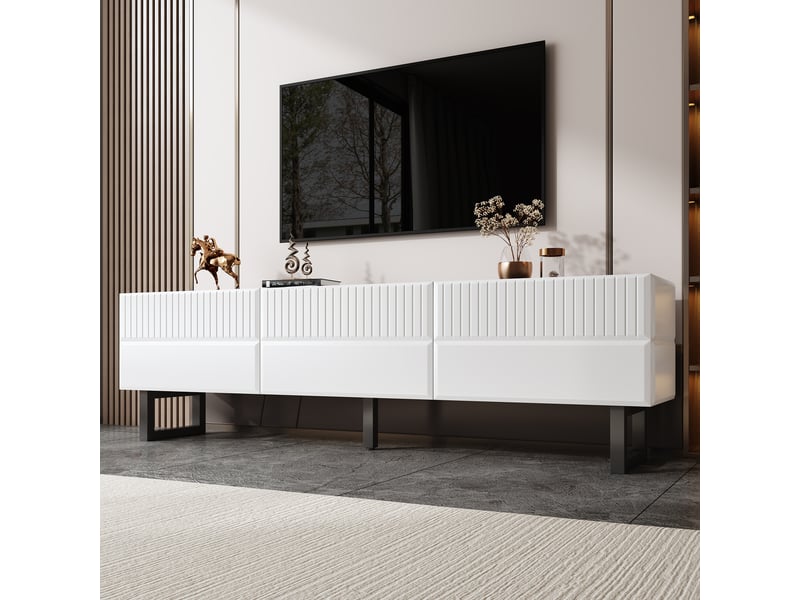  Meuble tv 170 x 35 x 47 cm, 3 tiroirs de rangement, plateau brillant, pieds en métal, design moderne, blanc et noir, rangement pour salon CARDUME ESTIVAL - Conforama D