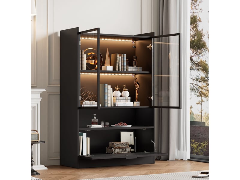 Vitrine 2 portes vitrées, abattant, éclairage led piloté par application pour salon noir mat 80 × 35 × 120 cm - Conforama E