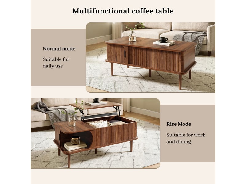  Table basse, plateau relevable table basse salon, finition noyer, rangement porte coulissante, pieds bois, style rétro  - Conforama E