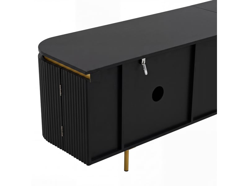  Meuble tv avec 6 portes sans poignées, 180 x 38 x 46 cm, extrémités arrondies, passage de câbles et pieds métalliques, mdf, noir Morn Vibe - Conforama E
