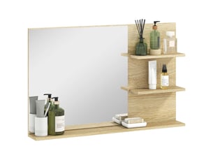 Miroir de salle de bain moderne avec 2 étagères latérales et une étagère inférieure, en bois et verre, 75 x 10 x 48 cm, coloris bois