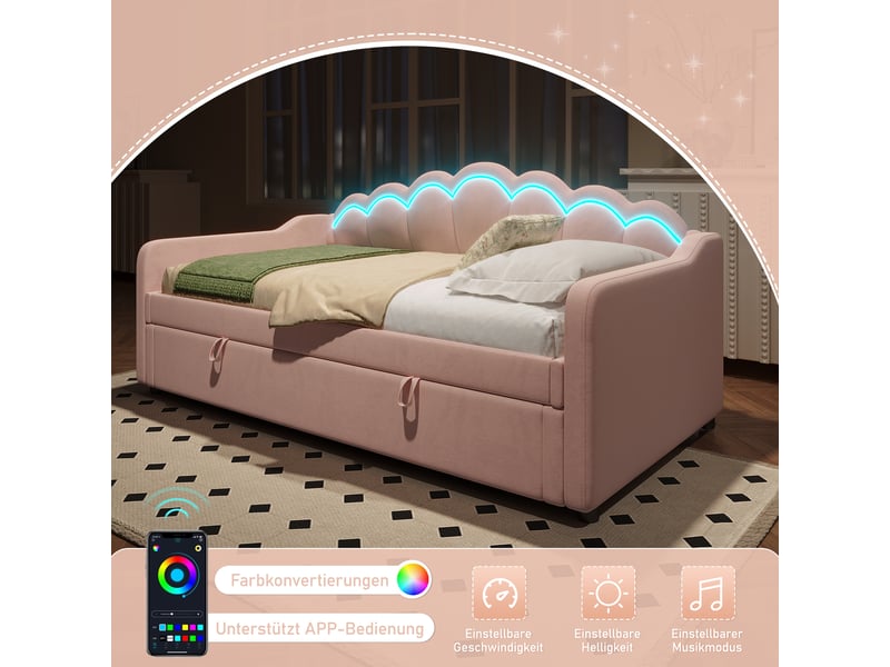  Lit de jour velours rose 90x200cm lit simple avec rangement hydraulique et bande led multicolore  - Conforama D