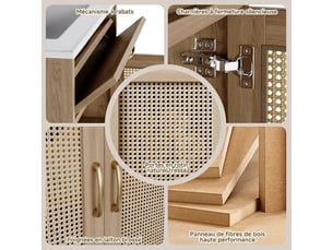Meuble salle de bain sur pied 76cm avec meuble vasque céramique, mdf et rotin naturel