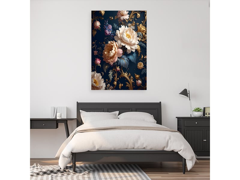 Toile imprimée, un élégant bouquet de roses blanches dont les fleurs se détachent sur un fond bleu marine. 30x45 1328136925 - Conforama B