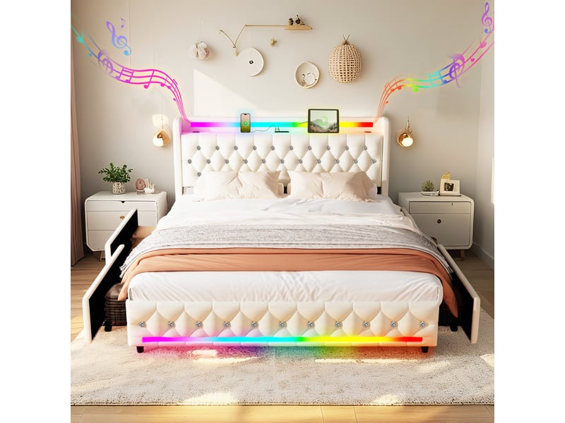  Lit 2 places 140x200 cm beige avec bluetooth, 4 tiroirs, led, ports usb+type-c sans matelas EBD852F-BG - Conforama C