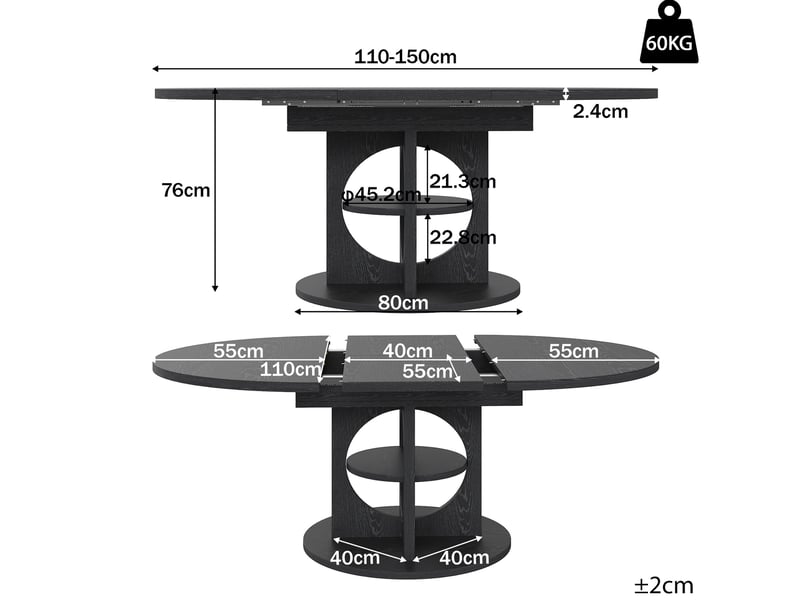  Table à manger extensible 110-150x110 cm – noir – ronde à ovale, étagère intégrée gain de place  - Conforama C