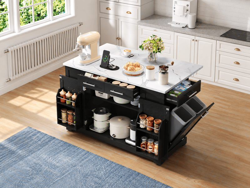  Îlot de cuisine 138 cm, plateau rabattable effet marbre, prises usb et usb-c, 4 tiroirs, roulettes verrouillables, noir  - Conforama B