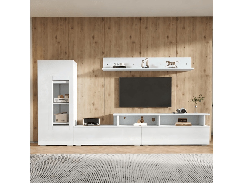  Meuble tv 170 cm, led, façade brillante, support tv, modèle fonctionnel, pour salon, en panneaux de particules, blanc  - Conforama B