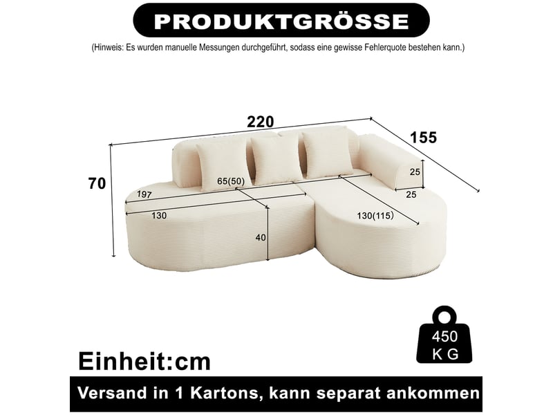  Canapé d'angle en l modulaire modenvie 4 places 220 x 155 x 70 cm en velours côtelé beige, avec méridienne et formes arrondies  - Conforama C
