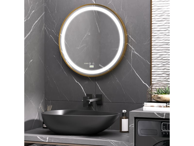 Miroir de salle de bain avec éclairage led tactile, fonction mémoire, luminosité et couleur réglables, et horloge, ø60 x 4 cm, doré - Conforama C