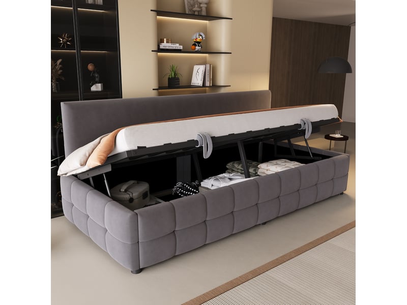  Lit coffre 1 place 90x200 cm en velours gris foncé avec dossier  - Conforama B