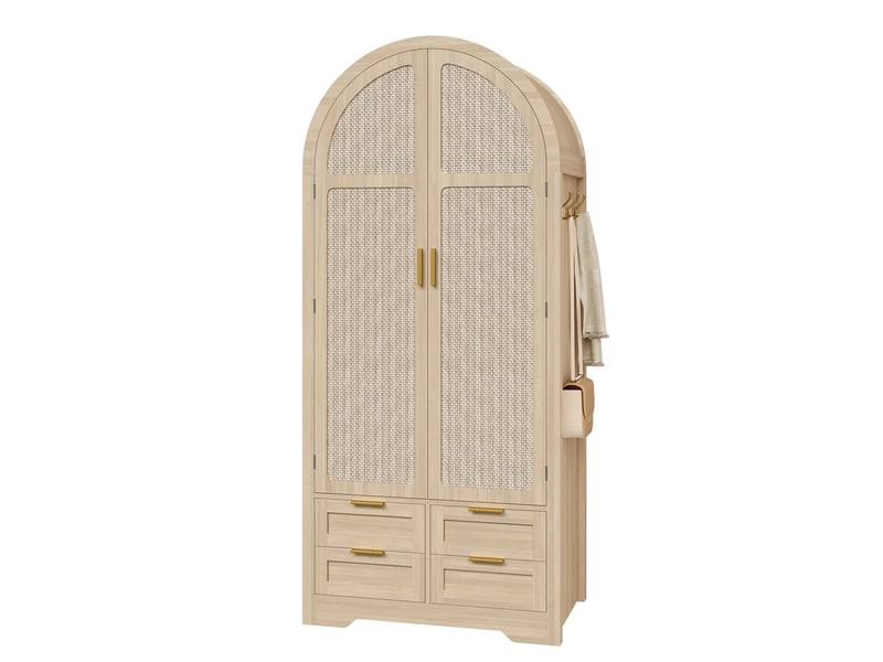 Armoire 2 portes 80x50x180 cm, portes courbes en rotin, penderie, tiroirs et rangements, mdf, couleur chêne - Conforama A