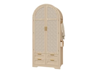 Armoire 2 portes 80x50x180 cm, portes courbes en rotin, penderie, tiroirs et rangements, mdf, couleur chêne
