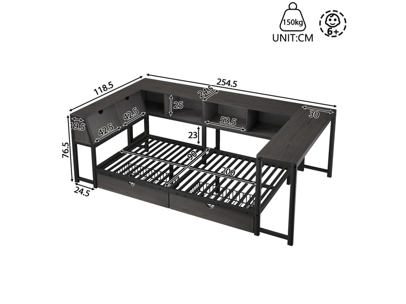  Lit simple enfant 90x200 cm – noir – bureau intégré, led multicolore et 2 tiroirs – sans matelas  - Conforama C