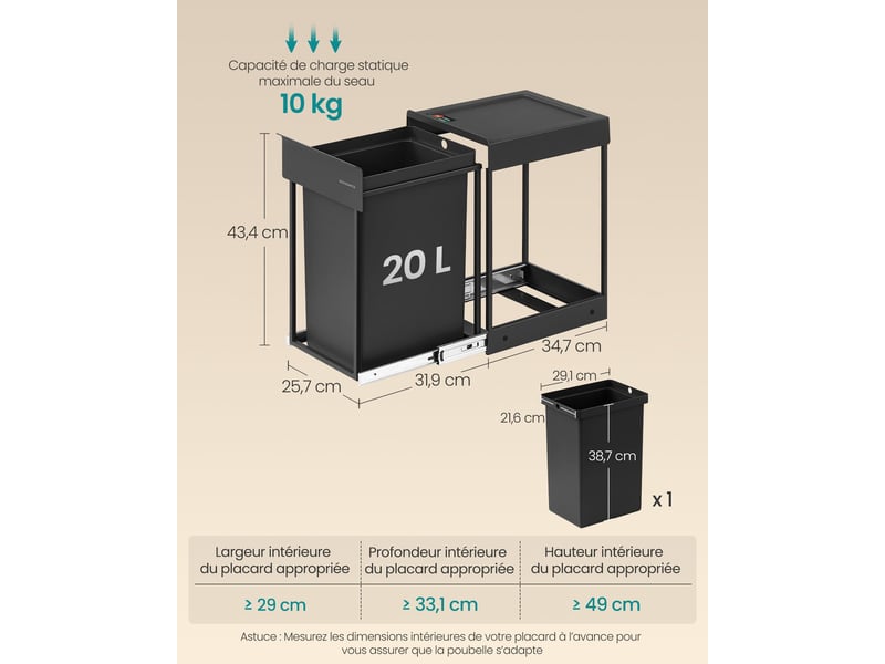  Poubelle de tri sélectif extractible coulissante 34,7 x 25,7 x 43,4 cm avec couvercle ergonomique style moderne en acier noir 12_0012107  - Conforama B