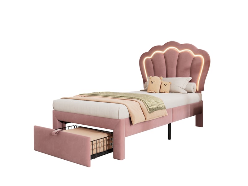  Modenvie lit enfant 90x200 cm - avec led rgb, tête de lit réglable, sommier inclus - rose  - Conforama A