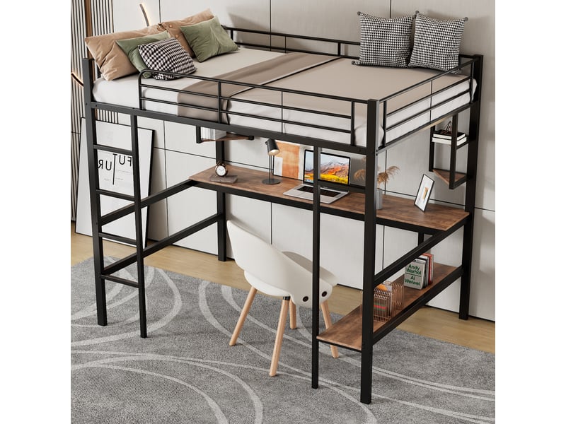Lit mezzanine 90x200 cm avec étagères, structure acier, sommier, protection, métal + mdf, noir, sans matelas - Conforama R