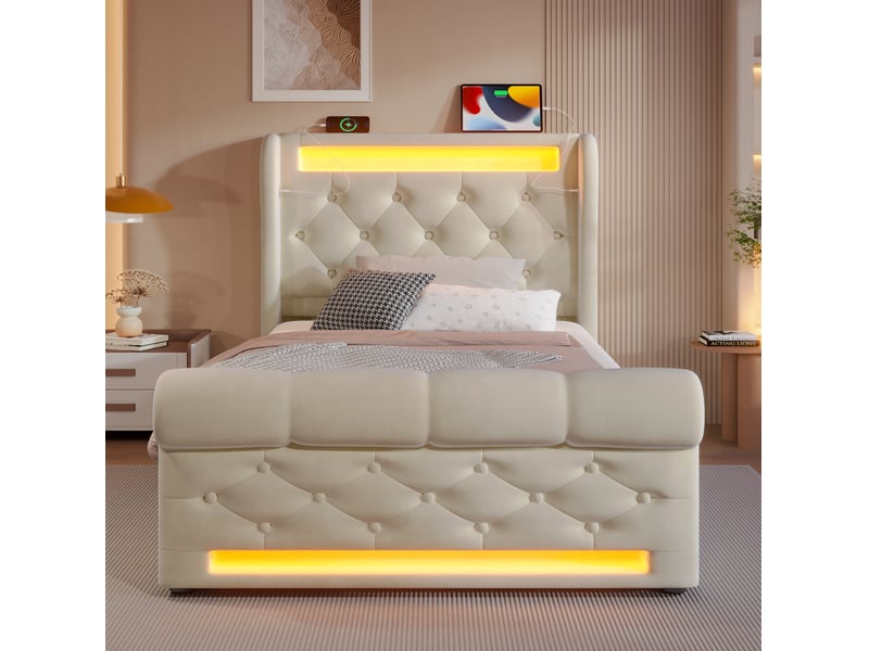 Modenvie lit coffre 90x200 cm - led, ports usb-c et rangement intégré, sans matelas - beige  - Conforama D