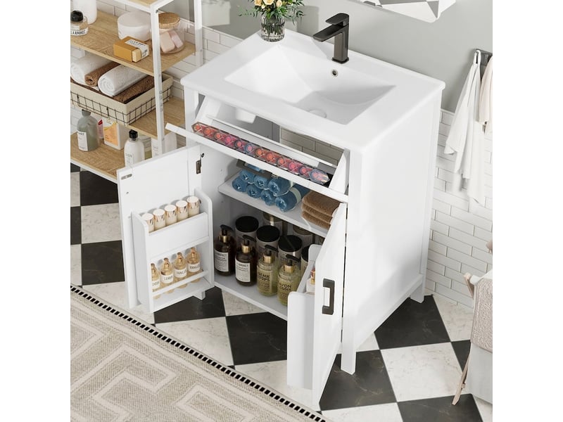 Meuble salle de bain sur pied meuble vasque 60 cm blanc moderne avec vasque en céramique intégrée - Conforama B