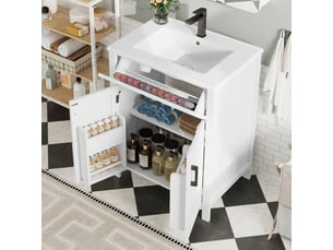 Meuble salle de bain sur pied meuble vasque 60 cm blanc moderne avec vasque en céramique intégrée