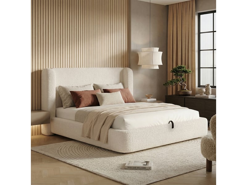  Lit coffre 180x200 cm, lit double, sommier à lattes, rangement hydraulique, tête de lit rembourrée, tissu bouclé beige  - Conforama R