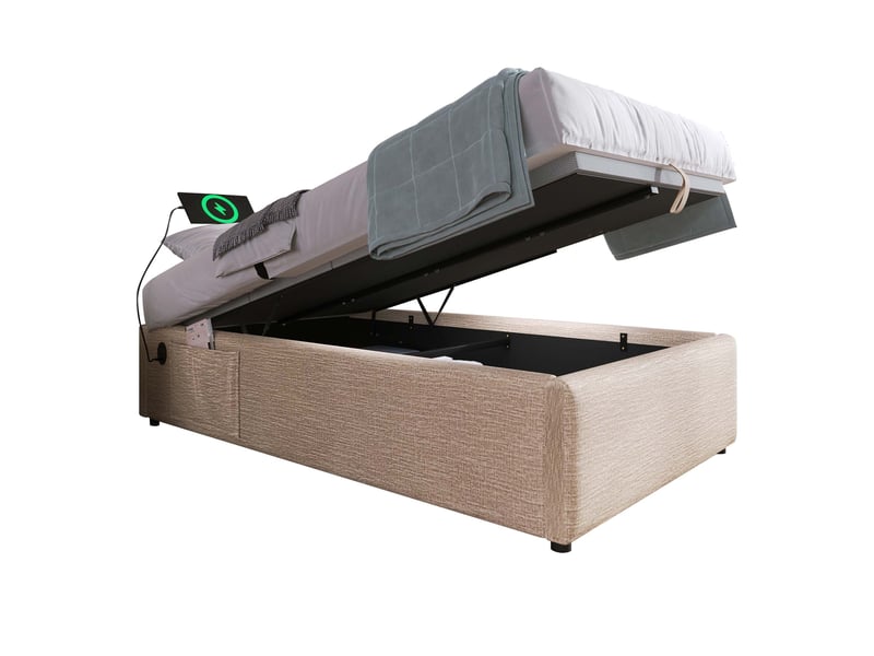  Lit coffre 90x200 cm avec poches latérales et charge, lin, beige et naturel, sans matelas  - Conforama A
