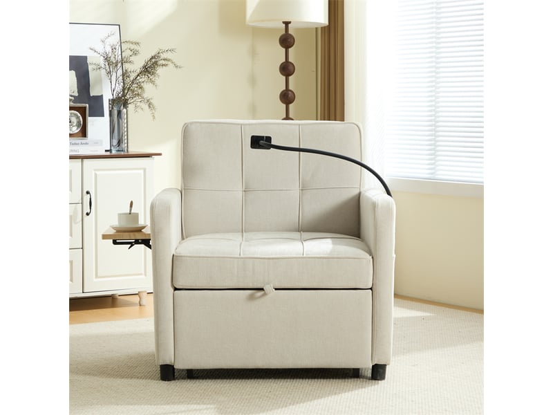 Fauteuil-lit 2-en-1 beige en chenille avec coussin, tablette et poches latérales  - Conforama B
