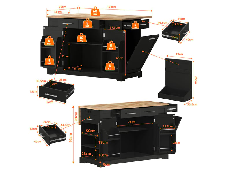  Îlot central de cuisine extensible noir 138x86x92cm réglable roulettes usb et prise rangement mdf cuisine rangement pratique moderne  - Conforama E