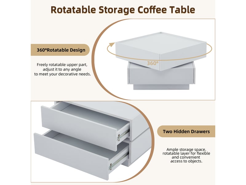  Table basse rotative 60x60x38cm, table carré avec 2 tiroirs, meuble salon, panneau de particules, blanc  - Conforama D