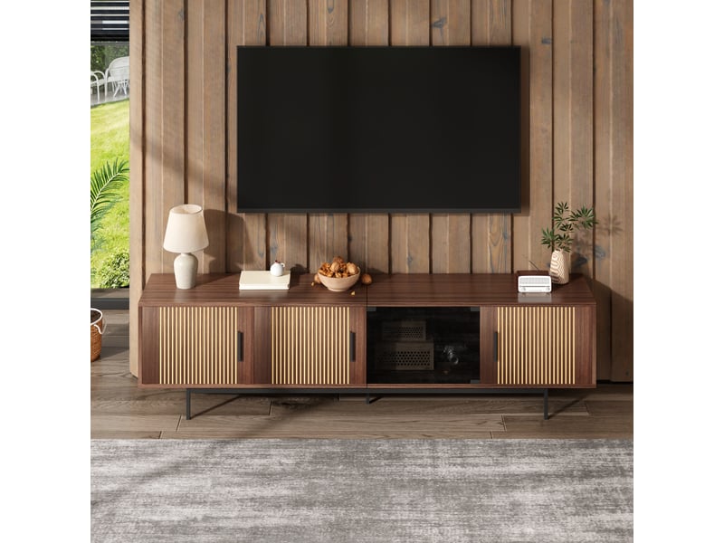  Meuble tv 200 cm noyer et noir led bluetooth portes en verre  - Conforama B