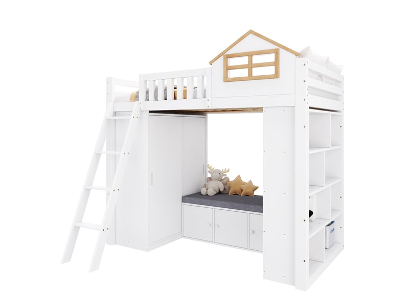  Lit mezzanine enfant 90x200 cm avec rangement blanc et naturel  - Conforama A
