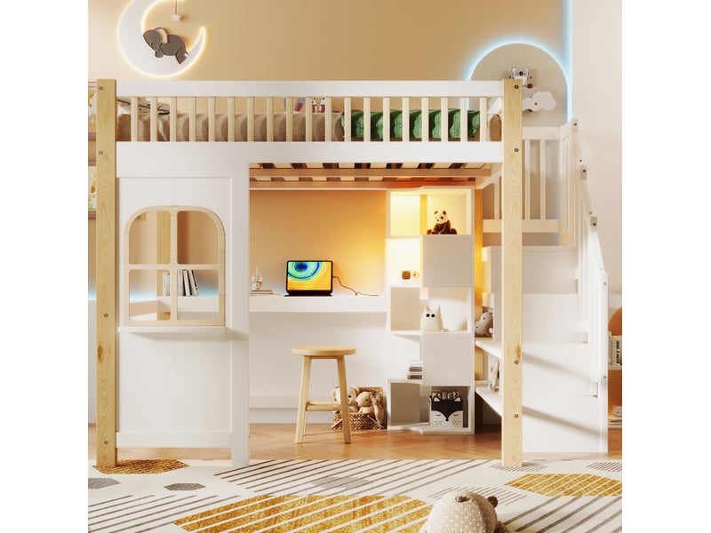  Lit mezzanine 140x200 cm avec led, fenêtre style maison, rangements intégrés, bois et mdf, blanc naturel, sans matelas  - Conforama B