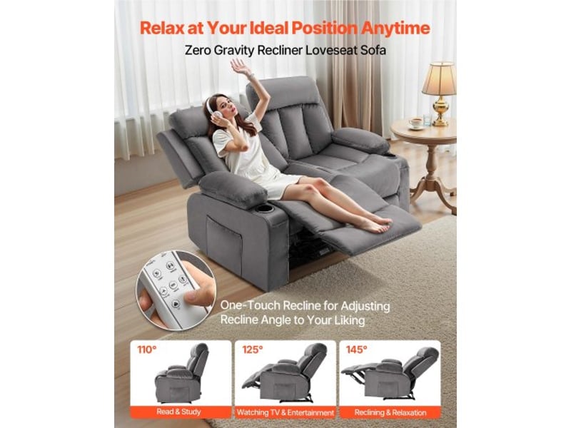  Canapé inclinable électrique 2 places, causeuse inclinable avec chauffage et massage, en velours doux, avec ports usb, porte-gobelets et poches latérales, pour chambre salon appartement, gris  - Conforama C
