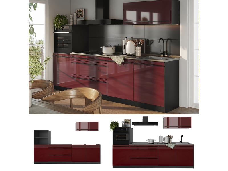 Vicco cuisine, rouge brillantanthracite, 280cm plan de travail chêne doré - Conforama D